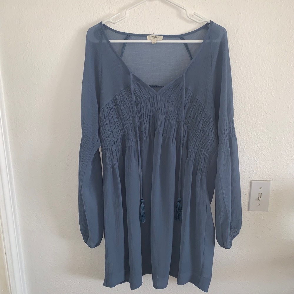 Umgee USA Blue‎ Tunic Dress Long Sleeve V Neck Tassel Detail Size L
